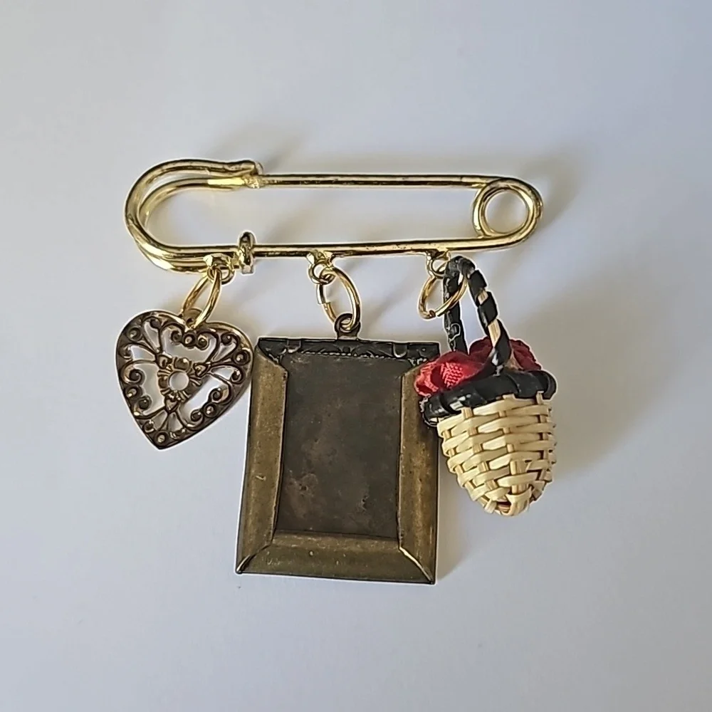 Safety Pin Dangling Charm Brooch Pin 2.75